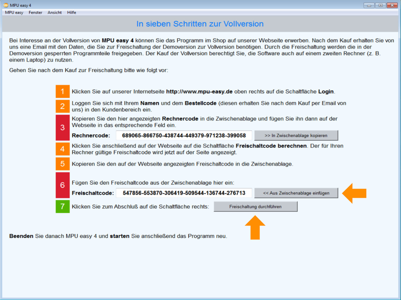 Freischaltcode einfügen