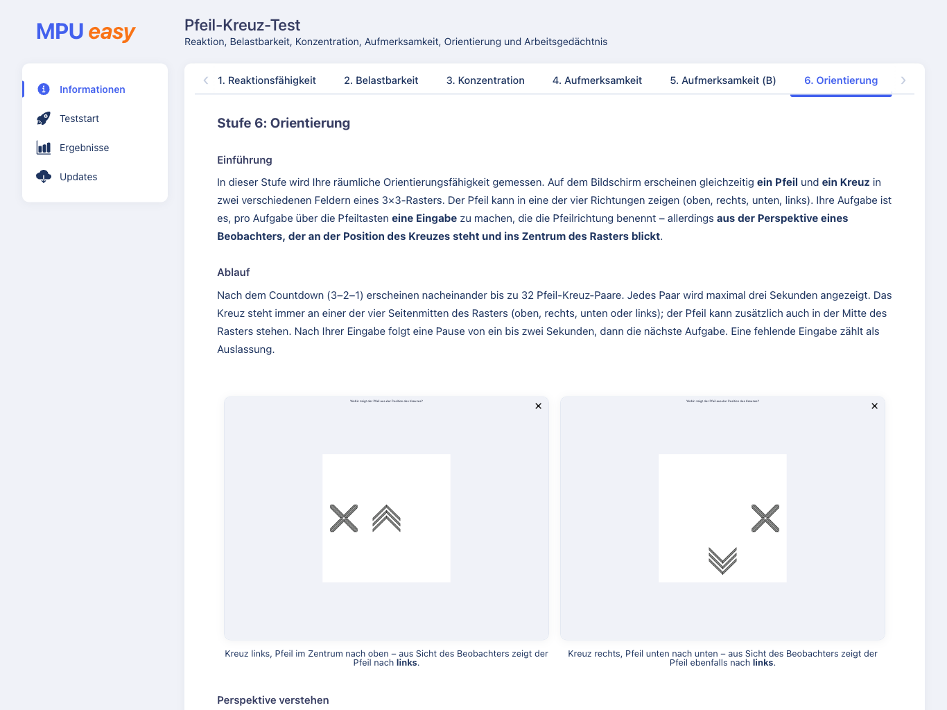Pfeil-Kreuz-Test Vollversion — Infoseite Stufe 6