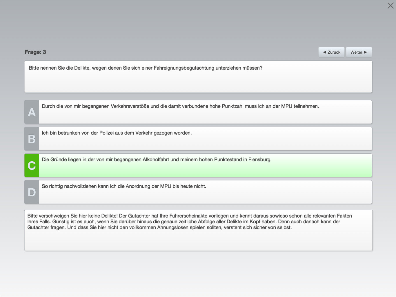 Gutachtersimulator — Frage während der Simulation